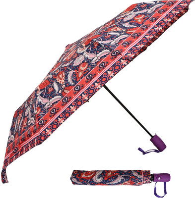 SFAB 3 Fold Printed Rain and Sun Protective Button Open Umbrella(Blue, Multicolor)