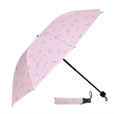 DesoRia 3 Fold Printed Rain Sun & UV Rays Protective Double Coated Manual Open Umbrella(Pink)