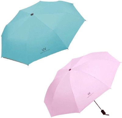 KEKEMI 3 fold Manual UV Plain Sun & Rain Umbrella Umbrella(Pink, Blue)