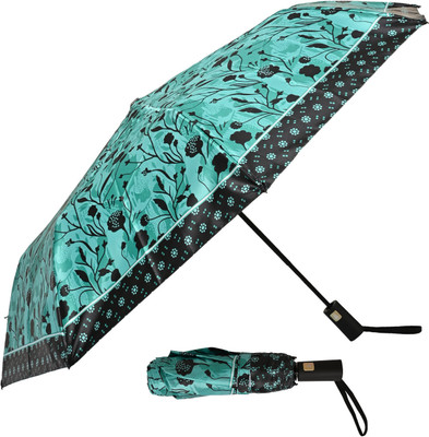 SFAB 3 Fold Printed Rain and Sun Protective Button Open Umbrella(Blue, Black)