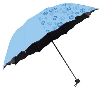 PSA Travel Magic Umbrella UV Protection,Triple Folding of Blooming Flowers Design Umbrella(Blue)