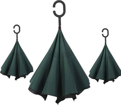UK Enterprise PACK 3 : Double Layer Automatic Inverted Reversible No Drip C Shape Handle Umbrella(Green)