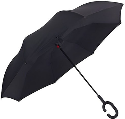 Holy Delight Double layer Inverted reversible Plain umbrella with C-Shaped Handle Umbrella(Black)