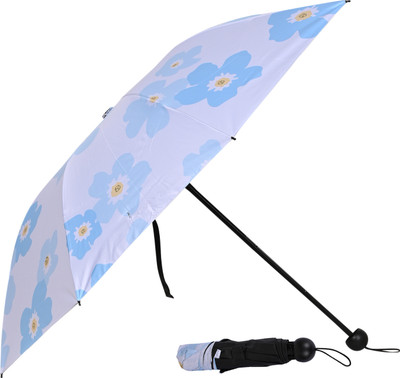 Flipkart SmartBuy 3 Fold Printed Rain Sun & UV Rays Protective Black Coated Manual Open Umbrella(White, Blue)