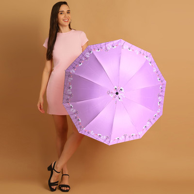 Umbrella mart 3 Fold Printed Rain Sun & UV Rays Protective Double Coated Manual Open Umbrella(Purple)