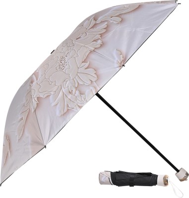 SFAB 3 Fold Floral Printed Rain Sun & UV Rays Protective Black Coated Manual Open Umbrella(Brown)