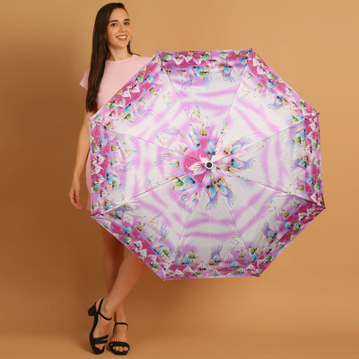 DesoRia 3 Fold Printed Rain Sun & UV Rays Protective Double Coated Button Open Umbrella(Pink, Multicolor)