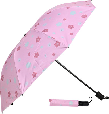 Umbrella mart 3 Fold Printed Rain and Sun Protective Manual Open Umbrella(Pink)