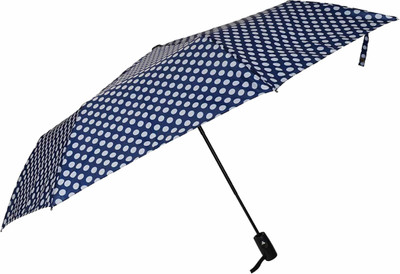 Fendo Bobby Polka Dots 3 Fold Protection Monsoon/Rainy & Sun Umbrella in Navy Blue Umbrella(Blue, White)