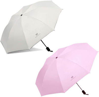 KEKEMI 3 fold Manual UV Plain Sun & Rain Umbrella Umbrella(Silver, Pink)