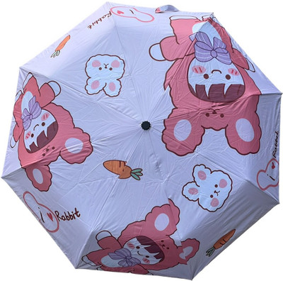 Tlismi Cute Cartoon Printed Sunny and Rainy Use Fully Automatic Hook Handled Foldable Umbrella(Pink)