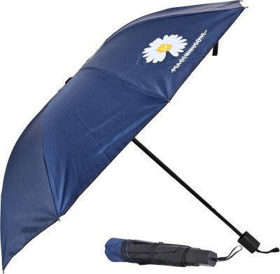 Umbrella mart 3 Fold Printed Rain Sun & UV Rays Protective Black Coated Manual Open Umbrella(Blue)