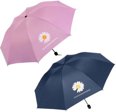 KEKEMI 3 fold Manual Plain Sun & Rain Umbrella(Pink, Blue)