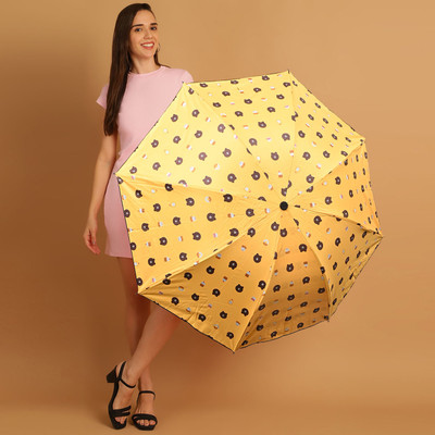 Umbrella mart 3 Fold Printed Rain Sun & UV Rays Protective Double Coated Manual Open Umbrella(Yellow)