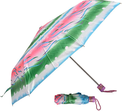 SFAB 3 Fold Printed Rain and Sun Protective Manual Open Umbrella(Green, Pink)