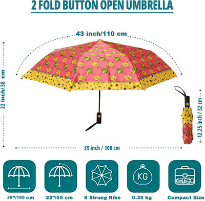SFAB 3 Fold Printed Rain and Sun Protective Button Open Umbrella(Pink, Yellow)