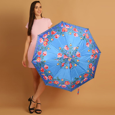 Umbrella mart 3 Fold Printed Rain & Sun Protective Button Open Umbrella(Blue, Multicolor)