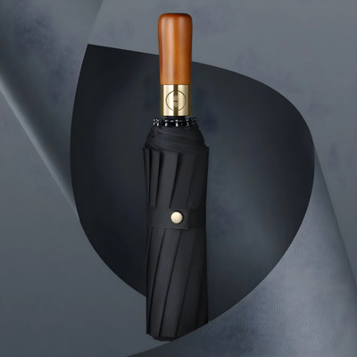 WHISKET Portable Auto Open and Close-Windproof Wooden Handle Travel Compact Umbrella Umbrella(Black)