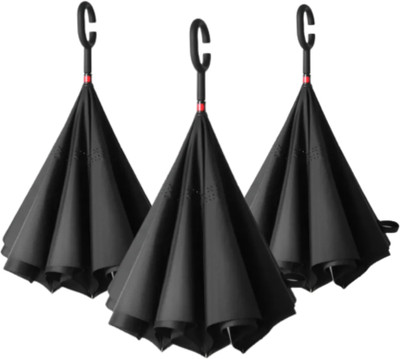 UK Enterprise PACK 3 : C Type Handle Double Layer Inverted Upside Down Reversible Umbrella(Black)