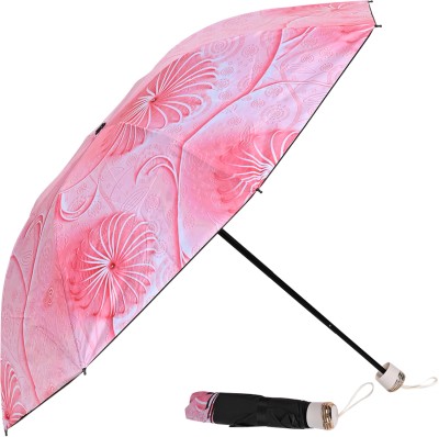 SFAB 3 Fold Floral Printed Rain Sun & UV Rays Protective Black Coated Manual Open Umbrella(Pink)