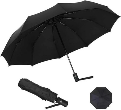 ECOMZIO 3 Fold Auto Open Close Compact Foldable Umbrella with Wooden Handle for Rain,Sun Umbrella(Black)