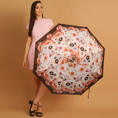 Umbrella mart 3 Fold Printed Rain Sun & UV Rays Protective Double Coated Button Open Umbrella(Grey, Brown)