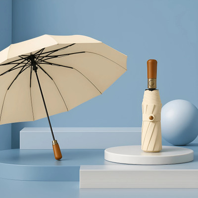 WHISKET Portable Auto Open and Close-Windproof Wooden Handle Travel Compact Umbrella Umbrella(Beige, White)