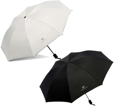 KEKEMI 3 Fold Automatic Sun & Rain Umbrella(Silver, Black)