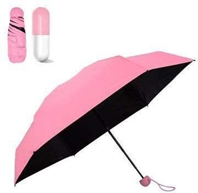 QARB 1Pc Anti-UV Umbrella With Cute Capsule Shape Case | 5 Folding Compact Pocket Umbrella(Pink)