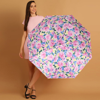 DesoRia 3 Fold Printed Rain and Sun Protective Button Open Umbrella(Pink, Multicolor)