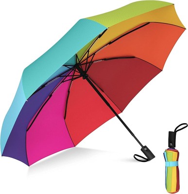 SPIRITUAL HOUSE AUTO OPEN CLOSE UMBRELLA Rainbow 16 Ribs Nylon Storm Protector Straight Umbrella Umbrella(Multicolor)
