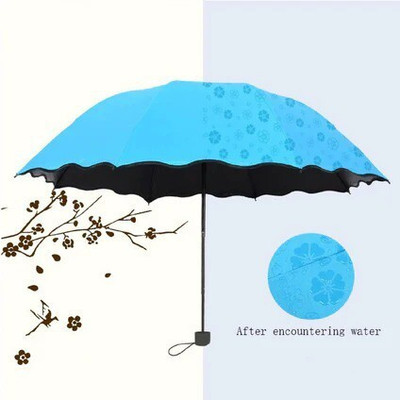 MOONZA Unisex Changing Secret Blossoms Occur with Water Magic Print 3 Fold Umbrella Umbrella(Blue)