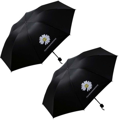 KEKEMI 3 Fold Manual Flower Print Sun & Rain Umbrella(Black)