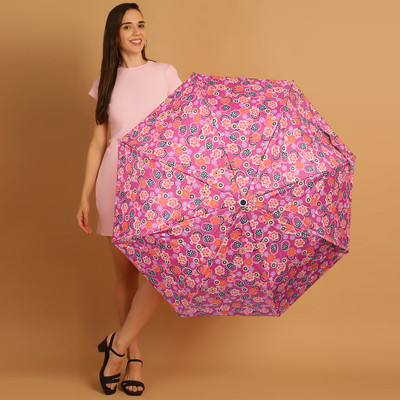 Flipkart SmartBuy 3 Fold Printed Rain Sun & UV Rays Protective Double Coated Button Open Umbrella(Pink, Multicolor)
