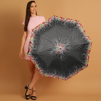 Flipkart SmartBuy 3 Fold Printed Rain Sun & UV Rays Protective Double Coated Button Open Umbrella(Black)