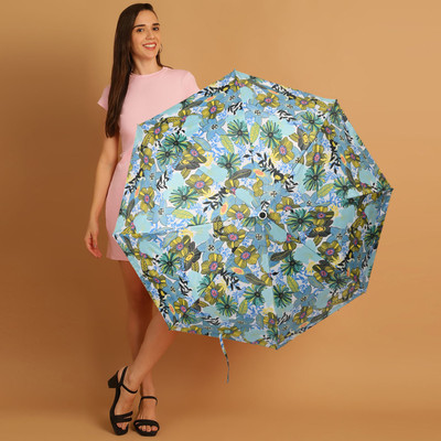 DesoRia 3 Fold Printed Rain Sun & UV Rays Protective Double Coated Button Open Umbrella(Green, Multicolor)