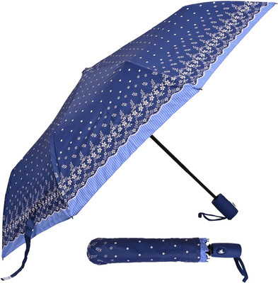 SFAB 3 Fold Printed Rain and Sun Protective Button Open Umbrella(Blue, White)