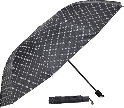 SFAB 3 Fold Printed Rain Sun & UV Rays Protective Double Coated Manual Open Umbrella(Black)