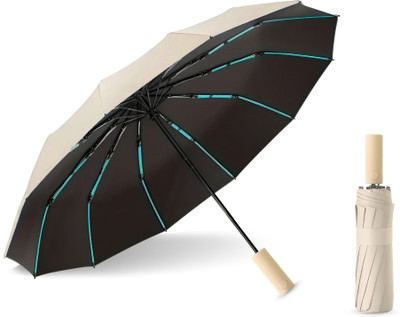 CONTACTS 12-Rib Windproof Folding Umbrella – Auto Open/Close Umbrella(Beige)