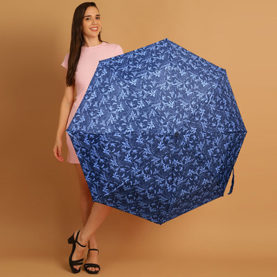 SFAB 3 Fold Printed Rain and Sun Protective Button Open Umbrella(Blue)