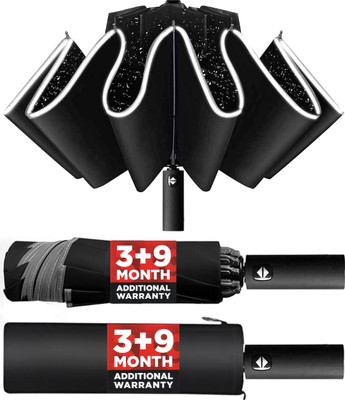 VRPRIME Umbrella Automatic for Men Women | 3 Fold Reflective Strip for Night Visibility Umbrella(Black)