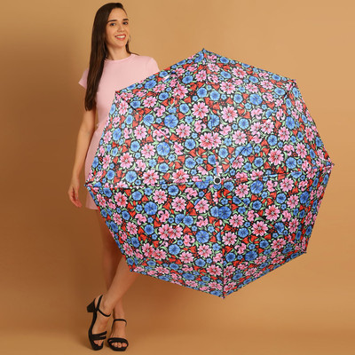 SFAB 3 Fold Printed Rain Sun & UV Rays Protective Double Coated Button Open Umbrella(Blue, Multicolor)