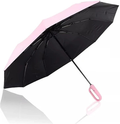 GaxQuly Folding Umbrella With Carabiner Handle for Rain Windproof Sunproof Travel Auto Umbrella(Pink)