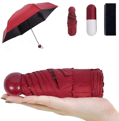 Mukhi Ultra Lights and Small Mini Umbrella with Cute Capsule Case, 5 Folding Compact Umbrella(Red)