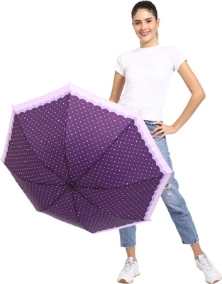 SFAB 3 Fold Dot Printed Rain and Sun Protective Manual Open Umbrella(Purple)