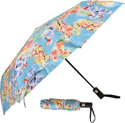 SFAB 3 Fold Printed Rain and Sun Protective Button Open Umbrella(Blue, Multicolor)