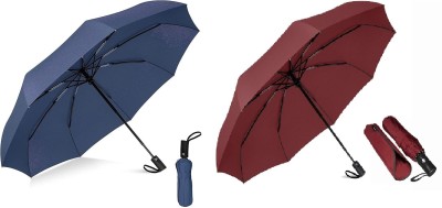 XBEY 2 PACK Travel Umbrella Windproof Collapsible 10 RIBS Auto Open & Close Folding Umbrella(Maroon, Blue)