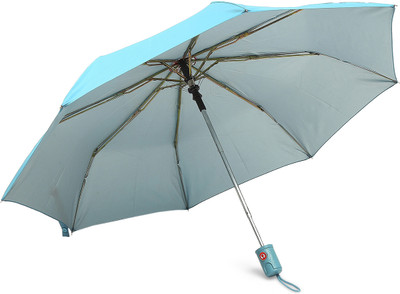 CITIZEN Solid 3 Fold Auto Open 8 Aluminium Ribs UV Coated Windproof Silver Coating Umbrella(Blue, Silver)