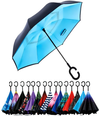 Windwarrior The Best Reverse Windproof Umbrella Inside Out Umbrella with C-Shaped Hands Umbrella(Blue)
