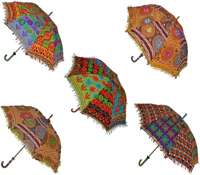 Urvi Creations Pack of 5 Rajasthani Jaipuri Handicraft Elephant Print Handmade Embroidery Work Umbrella Umbrella(Multicolor)